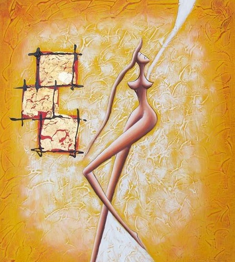 donna moderna in giallo dipinto a olio su tela della Collezione dipintinmovimento